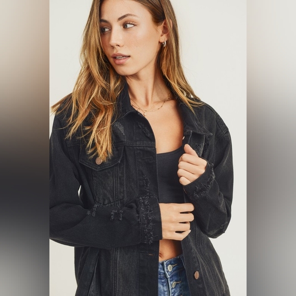 RISEN Distressed Cotton Torn Denim Jean Jacket Long Sleeve Black Button Collar - Picture 8 of 16